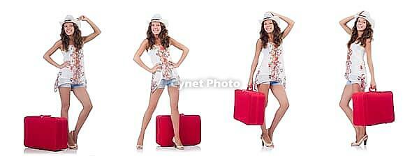 Woman traveller with suitcase isolated on white [IBR125094430]
