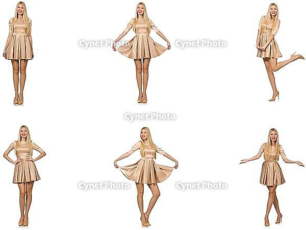 Beautiful woman in golden dress isolated on white [IBR125117967]
