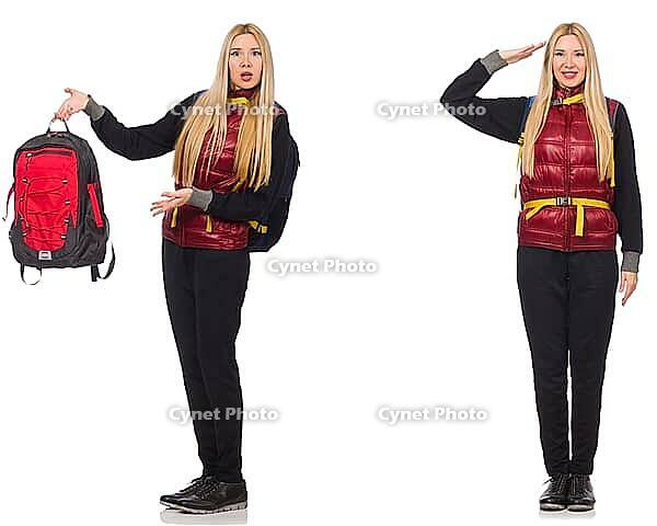 Young woman with backpack isolated on white [IBR125117968]
