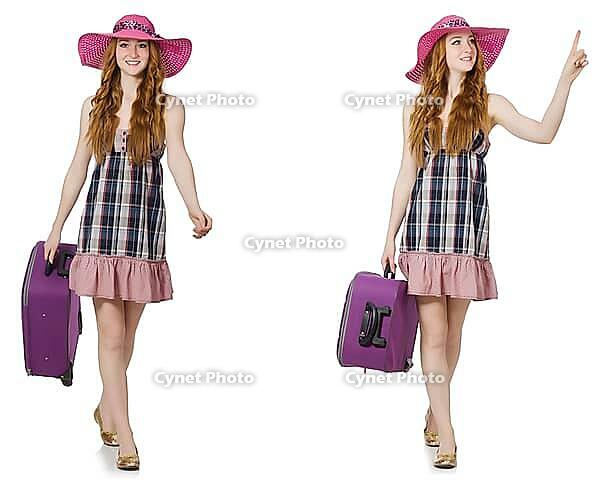 Young woman with suitcase isolated on white [IBR125117974]