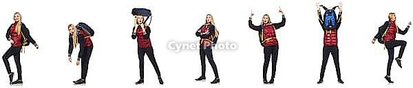 Young woman with backpack isolated on white [IBR125117981]