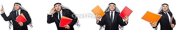 Arab businessman with notes isolated on white [IBR125117982]