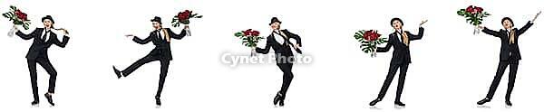 Businesswoman with bunch of flowers isolated on white [IBR125117983]