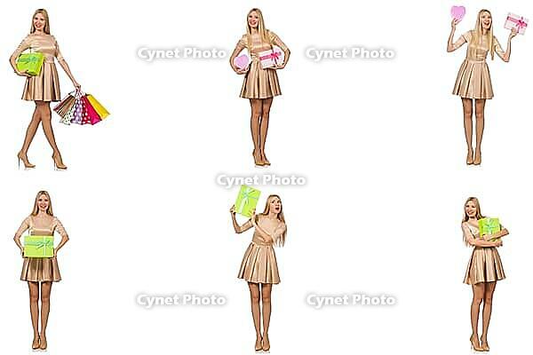 Beautiful woman in golden dress with bags [IBR125117984]