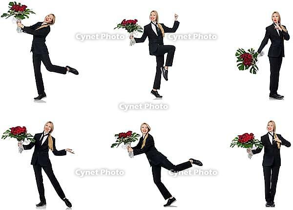 Businesswoman with bunch of flowers isolated on white [IBR125117985]