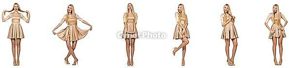 Beautiful woman in golden dress isolated on white [IBR125117986]