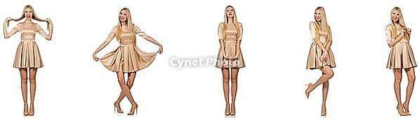 Beautiful woman in golden dress isolated on white [IBR125117992]