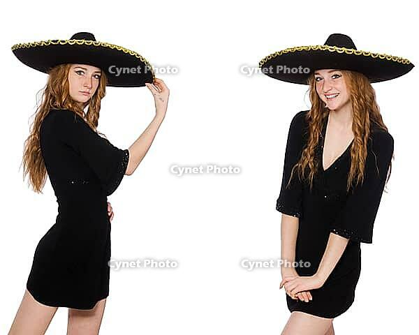 Young redhead lady in black dress with black sombrero [IBR125118005]