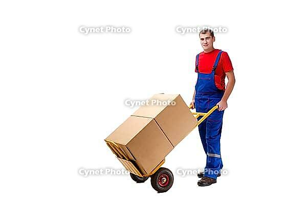 Young male courier with box isolated on white [IBR125118054]