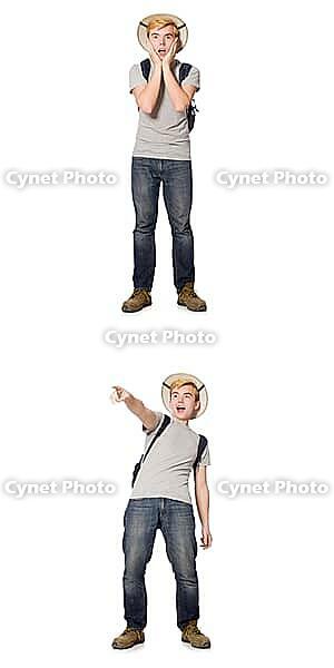 Young boy in cork helmet with backpack [IBR125118057]