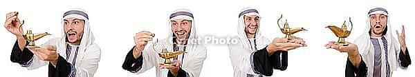 Arab man with lamp isolated on white [IBR125118063]