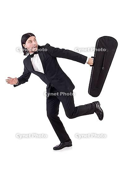 Man with violin case isolated on white [IBR125141738]