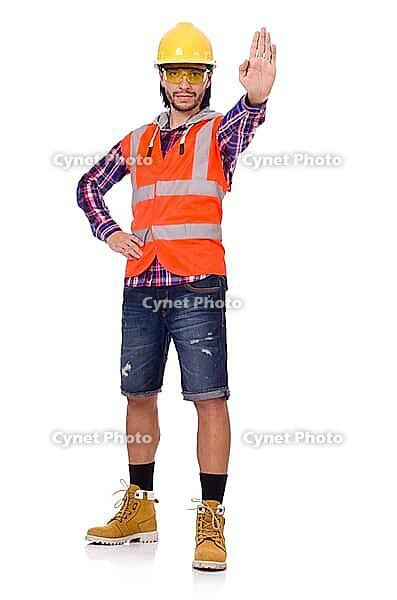 Young male builder contractor isolated on white [IBR125141752]