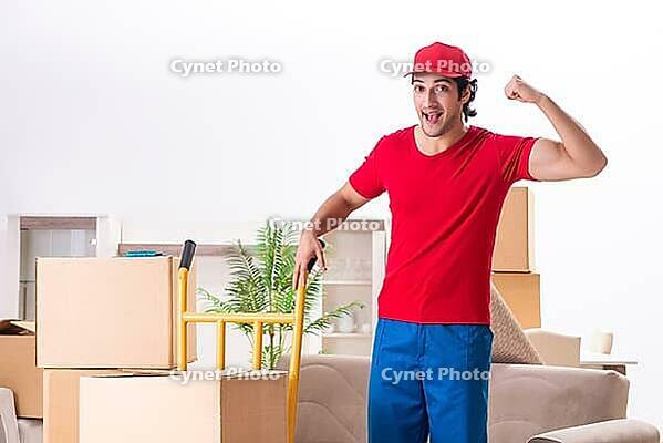 Young male contractor with boxes working indoors [IBR125141761]