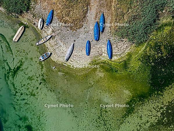 Lake Constance shore on the island of Reichenau with boats and swimmers. The bottom of the lake can be seen in many shallow water zones. The water level of Lake Constance is currently low for the time of year. Reichenau, Baden-Württemberg, Germany [IBR125163340]