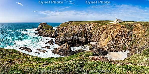 The chapel of Saint-They stands on the rocky headland of Pointe du Van in Cléden-Cap-Sizun, Finistère, Brittany, France. Its stone walls and low profile overlook the Atlantic Ocean, surrounded by exposed cliffs, coastal vegetation and open sea beneath nat [IBR125163358]