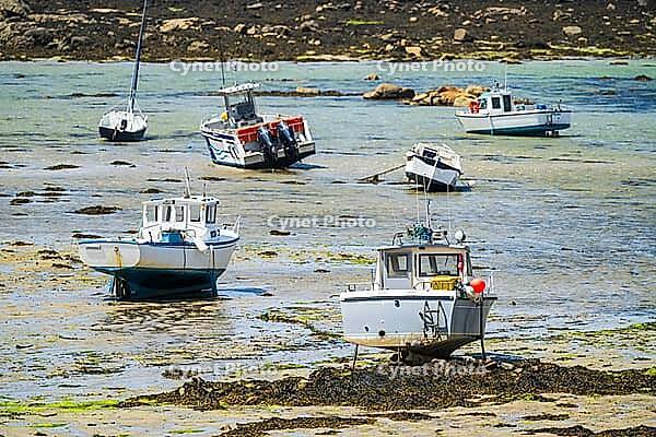 The rocky coast and small harbour of Île Vierge lie off Plouguerneau in Finistère, Brittany, France. Granite rocks, sheltered waters and moored boats form a characteristic maritime landscape along this exposed section of the northern Breton coast [IBR125163370]