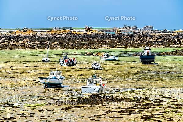 The rocky coast and small harbour of Île Vierge lie off Plouguerneau in Finistère, Brittany, France. Granite rocks, sheltered waters and moored boats form a characteristic maritime landscape along this exposed section of the northern Breton coast [IBR125163371]