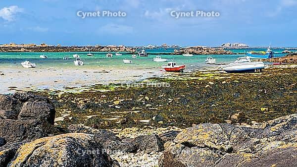 The rocky coast and small harbour of Île Vierge lie off Plouguerneau in Finistère, Brittany, France. Granite rocks, sheltered waters and moored boats form a characteristic maritime landscape along this exposed section of the northern Breton coast [IBR125163374]