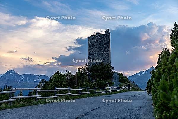 Torri di Fraele, historic watchtowers, with clouds at dusk, Valdidentro, Sondrio, Italy [IBR125163382]