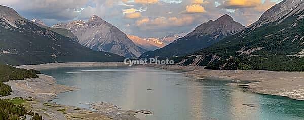 Sunset on Lake Cancano with Monte Solena and Monte Braulio, Valdidentro, Sondrio, Italy [IBR125163389]