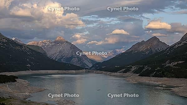 Sunset on Lake Cancano with Monte Solena and Monte Braulio, Valdidentro, Sondrio, Italy [IBR125163399]