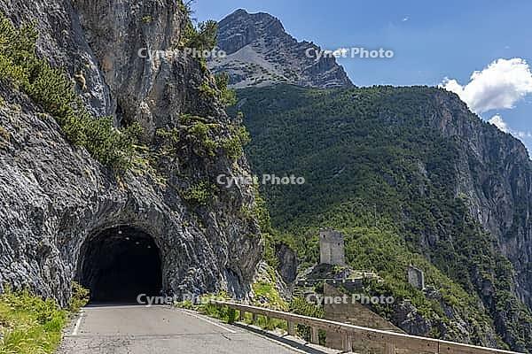 Torri di Fraele, old watchtowers, pass road with tunnels, Valdidentro, Sondrio, Italy [IBR125163414]