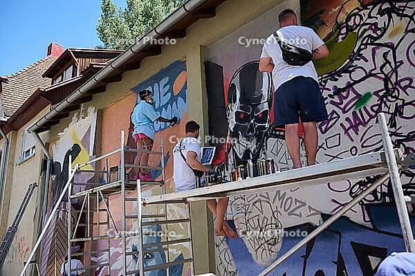 Graffiti jam event in Schwäbisch Hall, street art, urban, diversity jam, art form, sprayer, graffiti, subculture, event, Hohenlohe, Germany [IBR125164205]