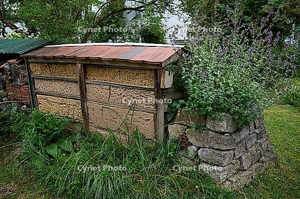 Large wild bee hotel made of clay, insect hotel, bee pasture, insect pasture, summer, July, wild bee, bumblebee, insect friendly, bee friendly, Crailsheim, Hohenlohe, Germany [IBR125164208]