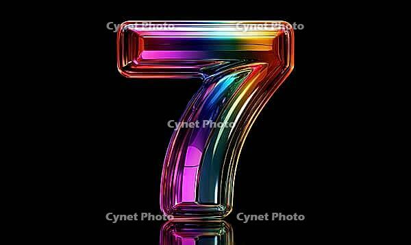 A colorful number 7 is displayed in a shiny, reflective surface. The number is surrounded by a rainbow of colors, giving it a vibrant. AI generated [IBR125167383]