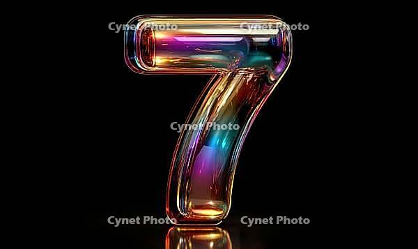 A modern number seven with a glass-like effect and colorful gradient on a black backdrop. AI generated [IBR125167384]