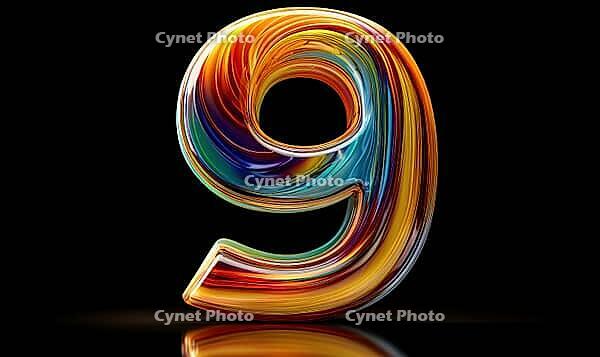 A colorful number nine with a rainbow swirl. The number nine is surrounded by a colorful swirl, giving it a unique and artistic appearance. AI generated [IBR125167385]