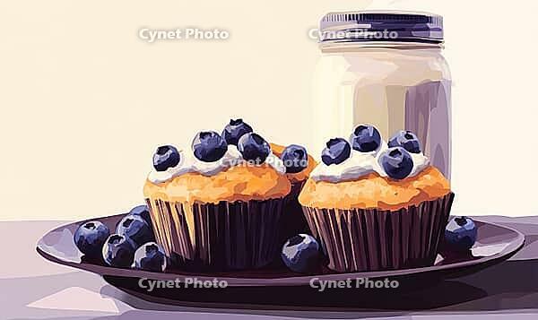 Yogurt-topped blueberry muffins on a dark ceramic plate. AI generated [IBR125167387]