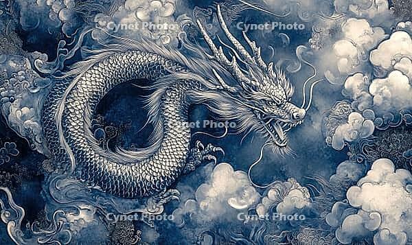 Deep blue Chinese dragon with silver accents on a silver background. AI generated [IBR125167389]