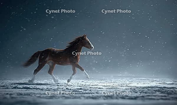 A brown horse is running through the snow. The image has a serene and peaceful mood, as the horse is the only living thing visible in the scene. AI generated [IBR125167393]