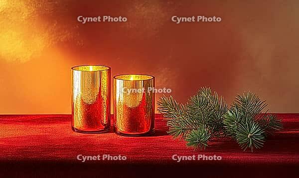 Two glass candle holders with golden candles, placed on a red velvet table runner with a small pine branch nearby. AI generated [IBR125167397]