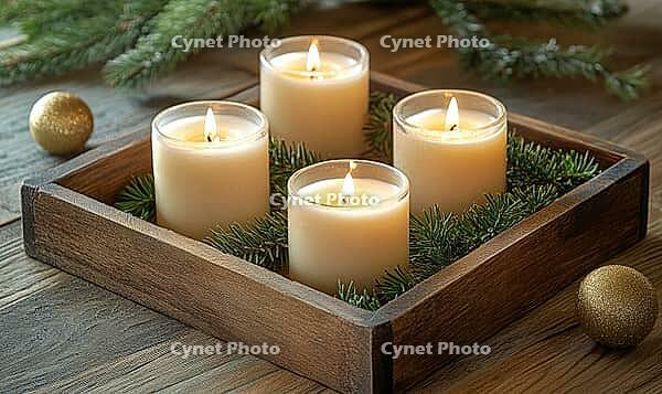 Three small candles on a wooden tray, with scattered pine needles and a few golden ornaments around. AI generated [IBR125167398]