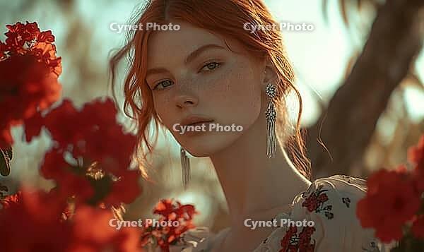 Woman with muted red hair, silver drop earrings, holding red geraniums. AI generated [IBR125167401]