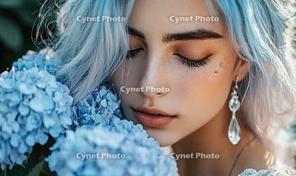 Woman with soft sky-blue hair, silver drop earrings, holding a bunch of pastel blue hydrangeas. AI generated [IBR125167403]