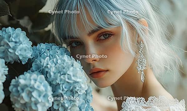 Woman with soft sky-blue hair, silver drop earrings, holding a bunch of pastel blue hydrangeas. AI generated [IBR125167404]