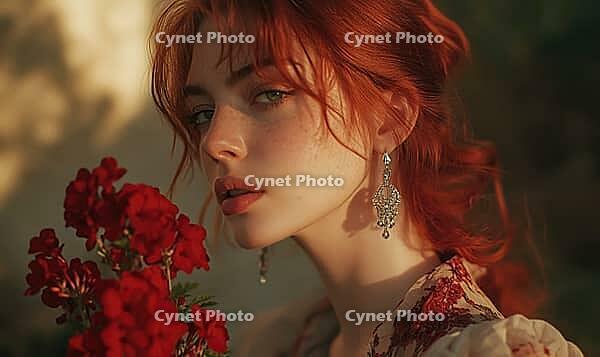 Woman with muted red hair, silver drop earrings, holding red geraniums. AI generated [IBR125167407]