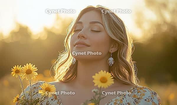 Woman with honey-blonde hair, silver earrings, holding warm yellow daisies. AI generated [IBR125167408]