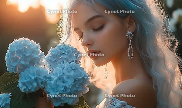 Woman with soft sky-blue hair, silver drop earrings, holding a bunch of pastel blue hydrangeas. AI generated [IBR125167409]