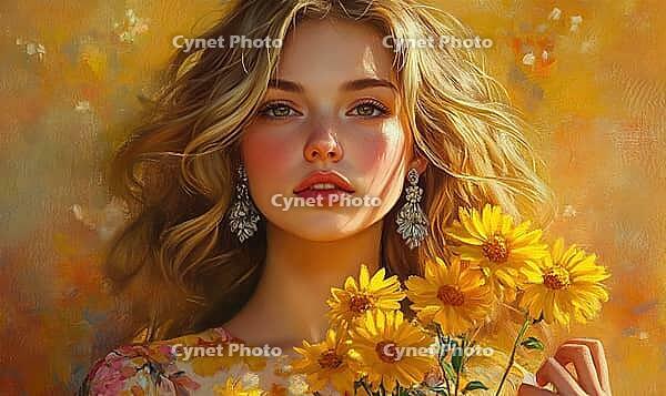 Woman with honey-blonde hair, silver earrings, holding warm yellow daisies. AI generated [IBR125167410]