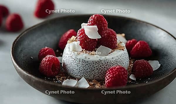 Yogurt and honey-topped chia pudding with raspberries and coconut on a rustic dark plate. AI generated [IBR125167411]