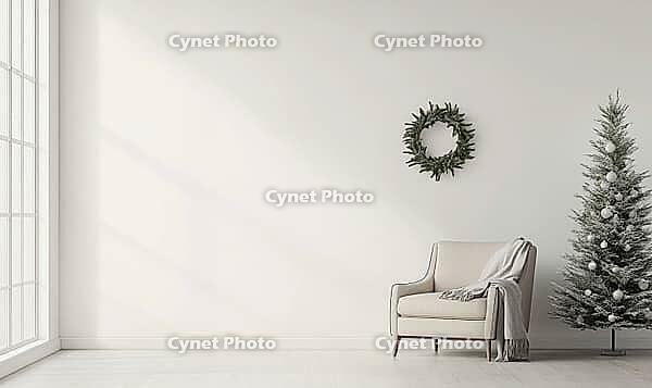 Simple, white-walled room with a single, small green fir wreath on the wall. AI generated [IBR125167413]