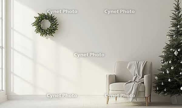 Simple, white-walled room with a single, small green fir wreath on the wall. AI generated [IBR125167414]
