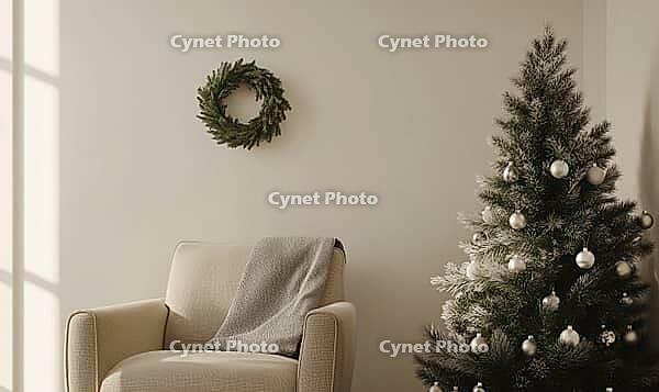 Simple, white-walled room with a single, small green fir wreath on the wall. AI generated [IBR125167415]