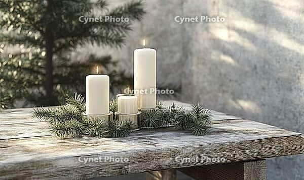 Simple wooden table with a trio of white candles in glass holders, scattered pine branches around the base. AI generated [IBR125167416]