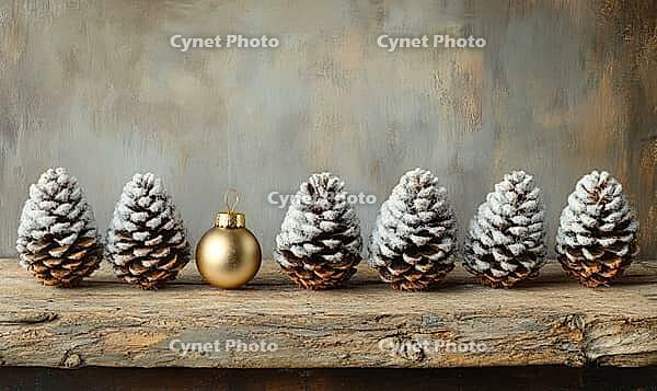 Small, snowy pinecones arranged in a row on a rustic wooden board with a single gold ornament. AI generated [IBR125167417]